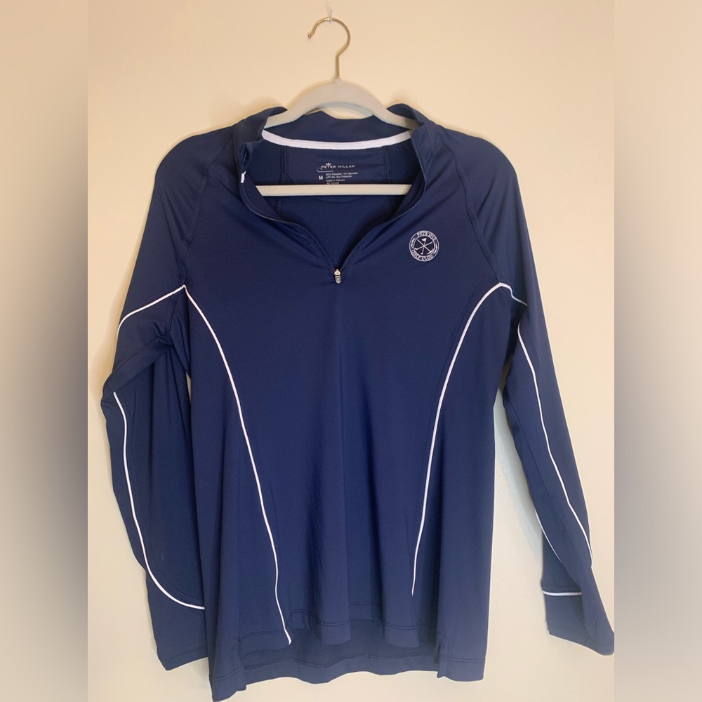 Peter Millar long sleeve 1/4 zip Size medium Golf shirt. Navy Blue